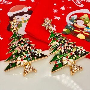 🎄DEAL Festive Enamel CZ Christmas Tree Dangle Fishhook Drop Christmas Earrings